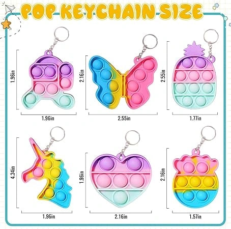 "Set of 10 colorful silicone pop keychain fidget toys for kids, stress relief and party bag fillers, perfect for birthdays, classroom rewards, and gifts."