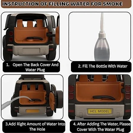 1:22 scale Land Rover Defender remote control car in green with smoke effect, LED lights, opening doors, and USB charging."