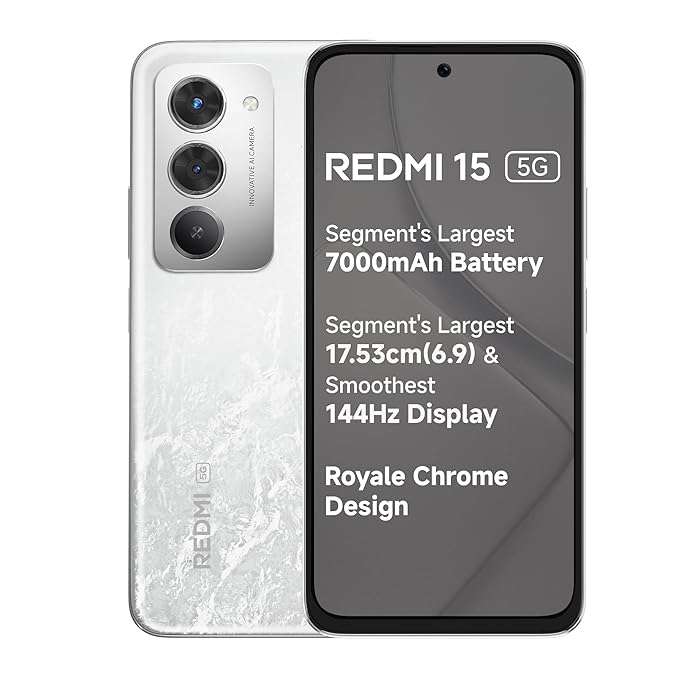 Redmi 15 5G (Frosted White, 8GB+256GB) – 7000mAh, 6.9" 144Hz Display, Snapdragon 6s Gen 3 Activated