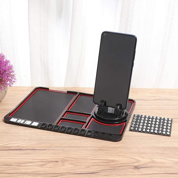 Car Anti-Slip Mat with Mobile Holder 4 in 1 Multifunctional Mobile Phone Mat 360° Rotatable for Dashboard Storage,Car Phone Holder Parking Number Plate