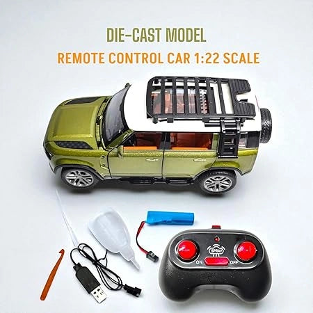 1:22 scale Land Rover Defender remote control car in green with smoke effect, LED lights, opening doors, and USB charging."
