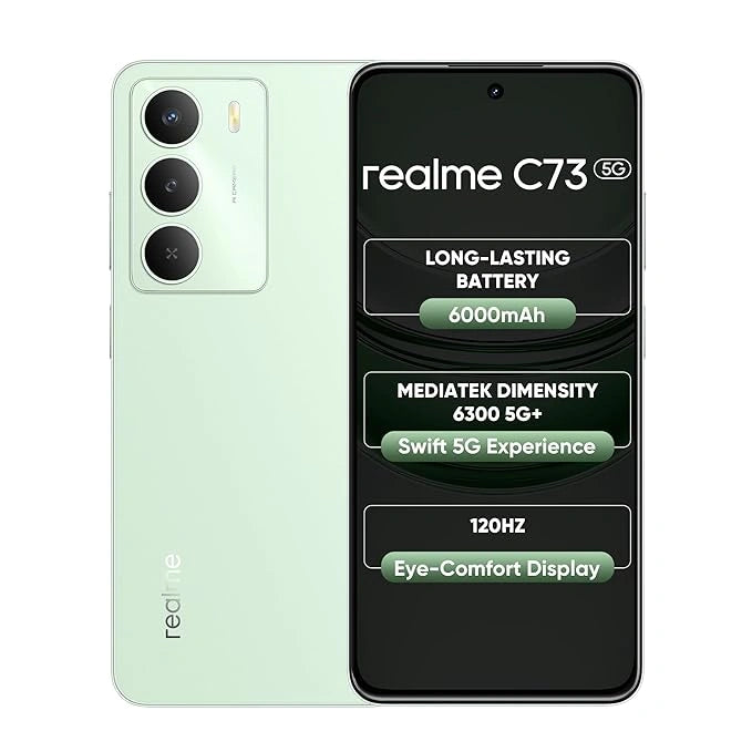 Realme C73 5G smartphone – 6.72-inch 120Hz display, Snapdragon processor, 5000mAh battery, 33W fast charging, dual camera – available at JJR Mobiles, Thoothukudi.