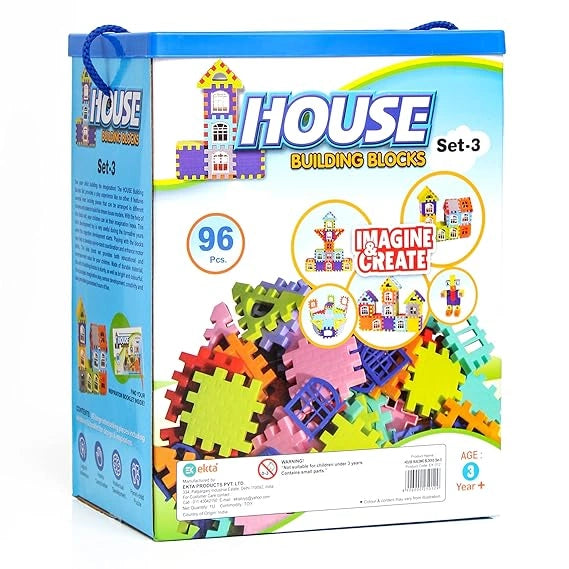 EKTA House Building Blocks with Windows Set-3, Building Blocks for Kids, Block Game for Kids (Multicolor, Big Size) - 96 Pieces