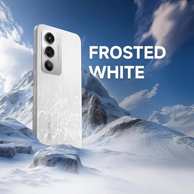 Redmi 15 5G Frosted White smartphone with 6GB RAM and 128GB storage, featuring a 6.9-inch 144Hz display, Snapdragon 6s Gen 3 processor, 7000mAh battery with 18W reverse charging, and 50MP AI dual camera.