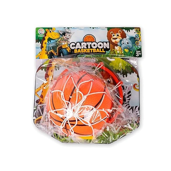 "Havekart cartoon-themed indoor basketball set with ball, multicolor jungle design, fun and exciting game for kids to play."
