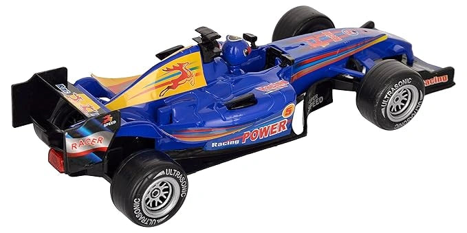 Blue 1:18 scale Formula 1 friction car toy with lights and sound for kids