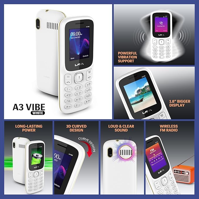 Lava A3 Vibe Dual Sim Keypad Mobile Phone | 1750mAh Big Battery | 1.8" Large Display | 7 Languages Read & Write Support | Vibration Alert (White Beige)