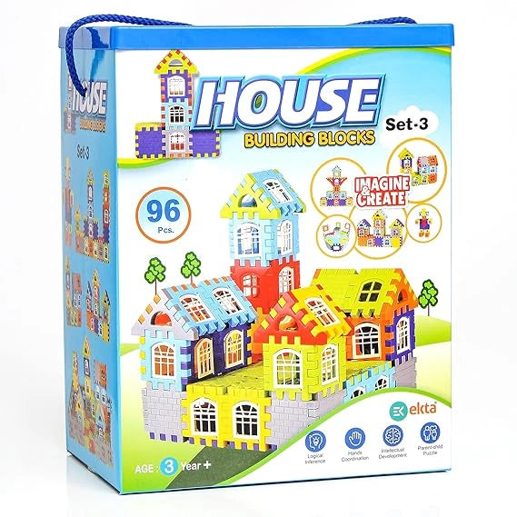EKTA House Building Blocks with Windows Set-3, Building Blocks for Kids, Block Game for Kids (Multicolor, Big Size) - 96 Pieces