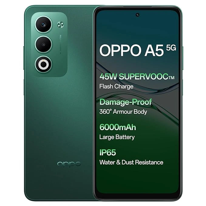 OPPO A5 5G smartphone with stylish design, quad rear camera, and vibrant display — reliable 5G mobile offering smooth performance and long battery life.