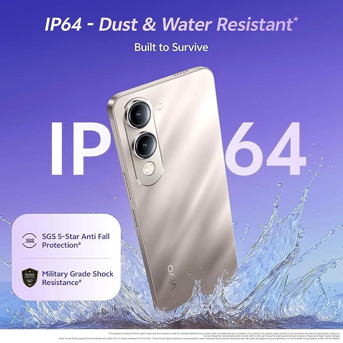 Vivo T4 Lite 5G smartphone in Titanium Gold with 4GB RAM and 128GB storage, offering sleek design and fast 5G performance.