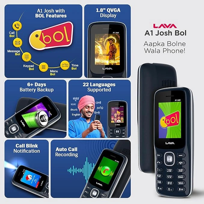 VLava A1 Josh (with BOL Feature) Dual Sim Keypad Mobile Phone | Long-Lasting Battery |22 Launguages Read Support | Auto Call Recording | Call Blink Notification (Blue Silver)