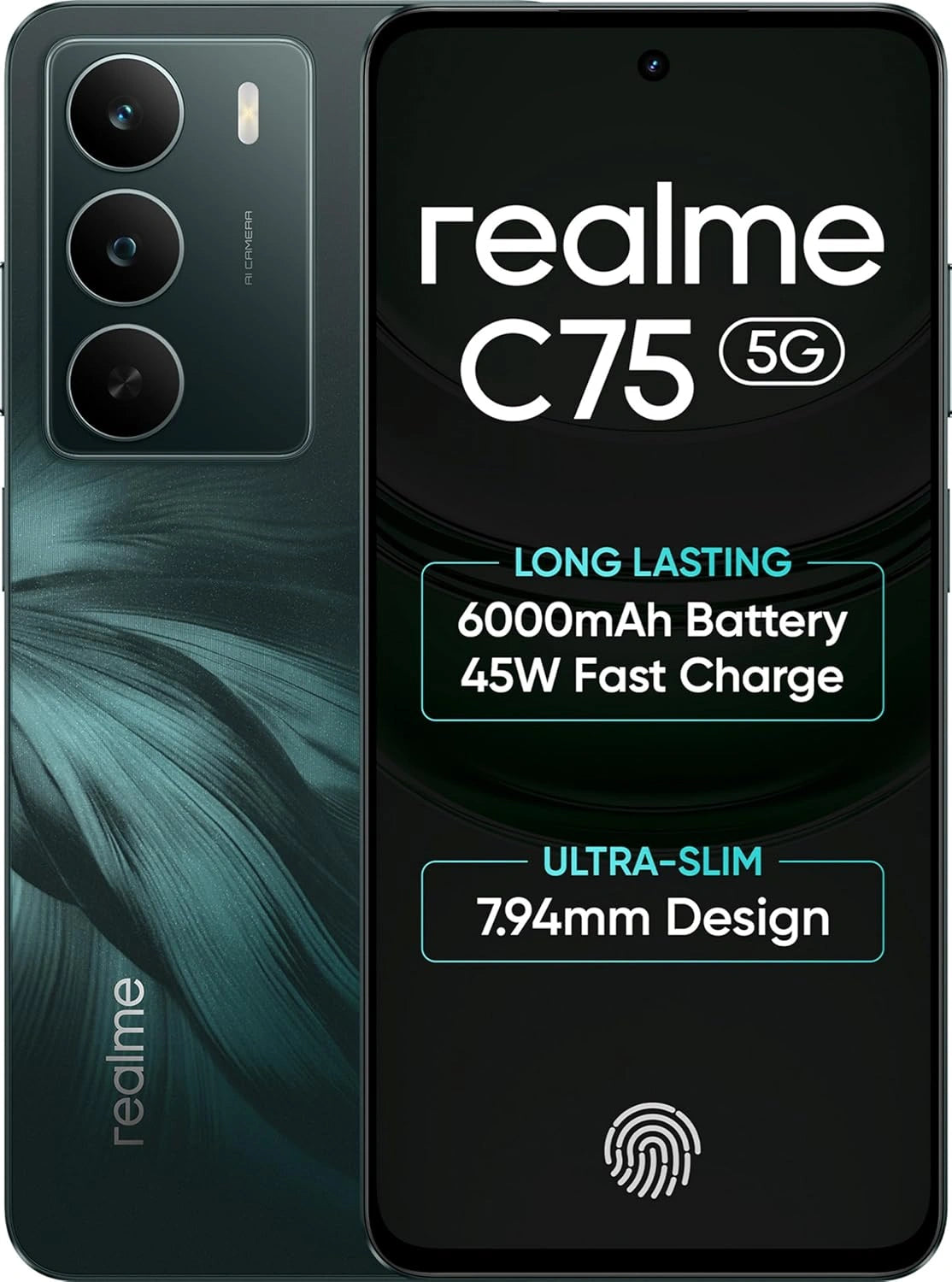 realme C75 5G smartphone in sleek design with dual cameras, large display, and fast 5G connectivity
