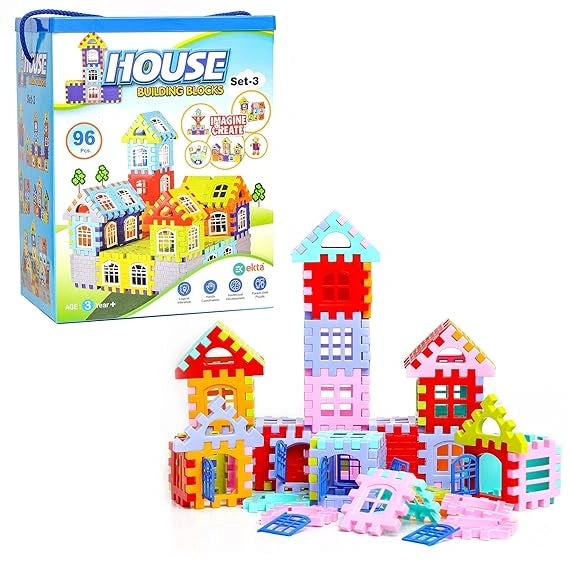 EKTA House Building Blocks with Windows Set-3, Building Blocks for Kids, Block Game for Kids (Multicolor, Big Size) - 96 Pieces