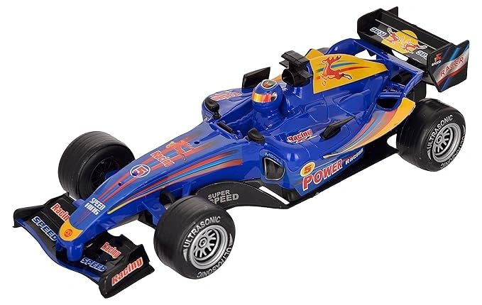 Blue 1:18 scale Formula 1 friction car toy with lights and sound for kids