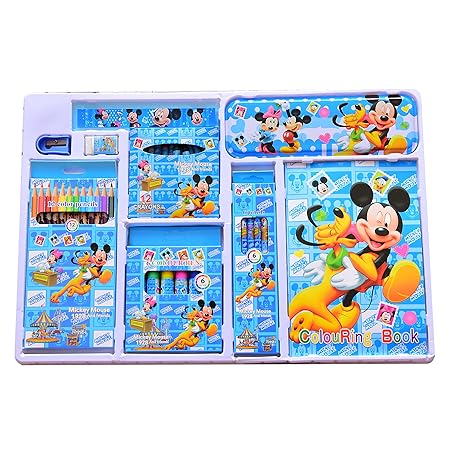 Color Pencil Set Cartoon Printed with Pencil Box, Pencils, Crayon, Eraser, Sketch, Scale, Sharpener and Coloring Book for Kids Boys Girls, Best Birthday Gift & Return Gift (Mickey Mouse)