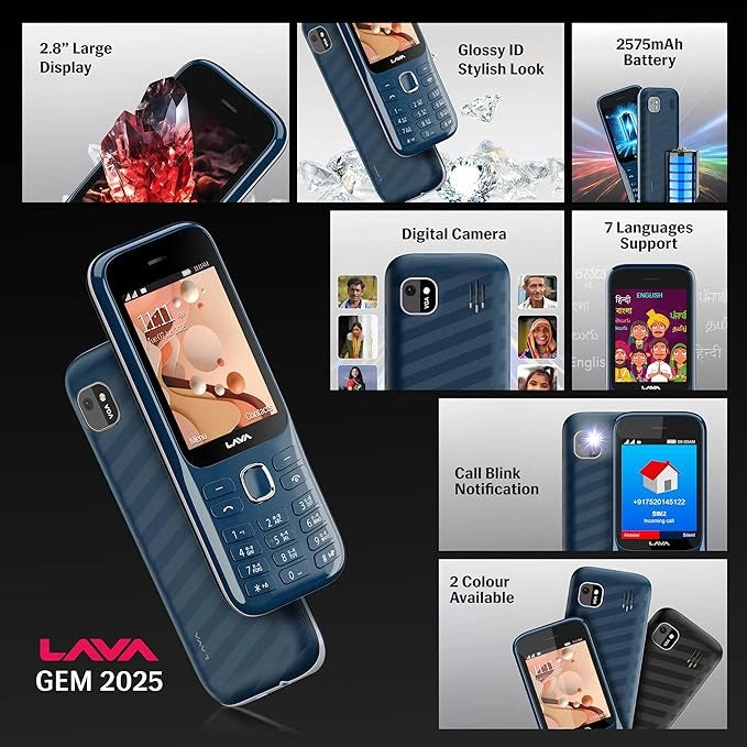 Lava Gem 2025 Dual Sim Keypad Phone (2.8" Display, Camera & Flash) | 2575mAh Smart AI Powerful Battery | Wireless FM & Recording | Stereo Speakers | Call Recording (Blue Chrome)