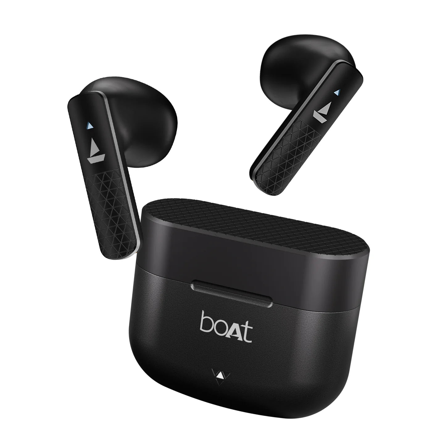 “Pair of boAt Airdopes 91 Prime TWS earbuds in Midnight Black, one placed in its matching charging case lid open, the other beside it; smooth matte-black finish, subtle brand logo, positioned on a soft neutral-tone surface.”