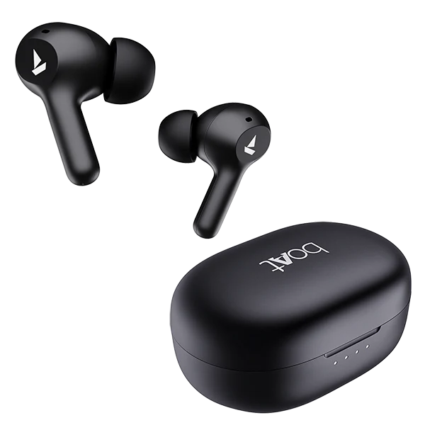 “boAt Airdopes 71 Active true wireless earbuds in Active Black: one earbud inside the matching glossy black charging case, the other placed beside it; features sleek curves and minimal branding, set against a soft light background.”