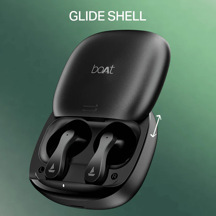 “boAt Airdopes 313 in Carbon Black — two true wireless earbuds resting beside their matching matte black charging case; sleek, angular design with subtle branding, set against a neutral light background.”