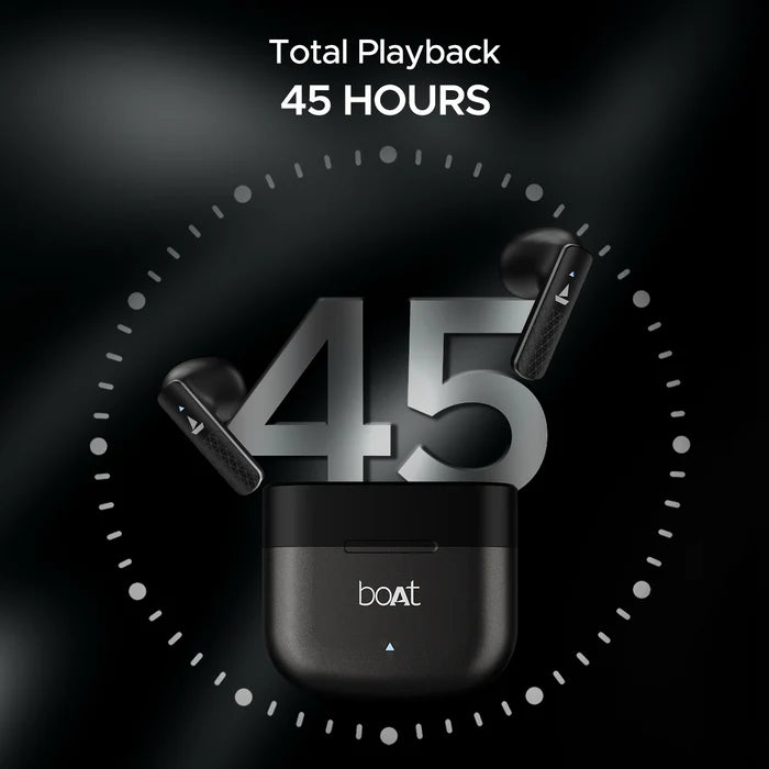 “Pair of boAt Airdopes 91 Prime TWS earbuds in Midnight Black, one placed in its matching charging case lid open, the other beside it; smooth matte-black finish, subtle brand logo, positioned on a soft neutral-tone surface.”