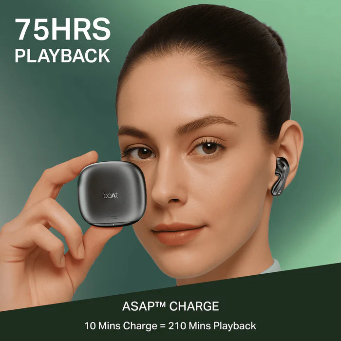 “boAt Airdopes 313 in Carbon Black — two true wireless earbuds resting beside their matching matte black charging case; sleek, angular design with subtle branding, set against a neutral light background.”