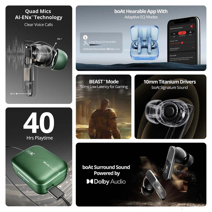 boAt Airdopes 800 w/ Dolby Audio, 4 Mics AI-ENx Tech, Titanium Drivers & ASAP Charge Bluetooth  (Interstellar White, True Wireless)