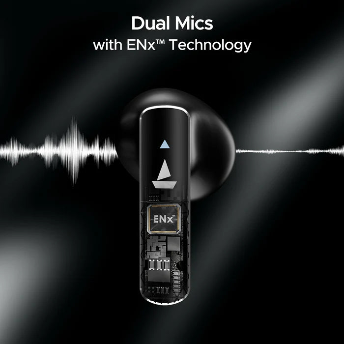 “Pair of boAt Airdopes 91 Prime TWS earbuds in Midnight Black, one placed in its matching charging case lid open, the other beside it; smooth matte-black finish, subtle brand logo, positioned on a soft neutral-tone surface.”