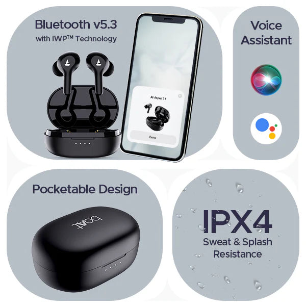 “boAt Airdopes 71 Active true wireless earbuds in Active Black: one earbud inside the matching glossy black charging case, the other placed beside it; features sleek curves and minimal branding, set against a soft light background.”