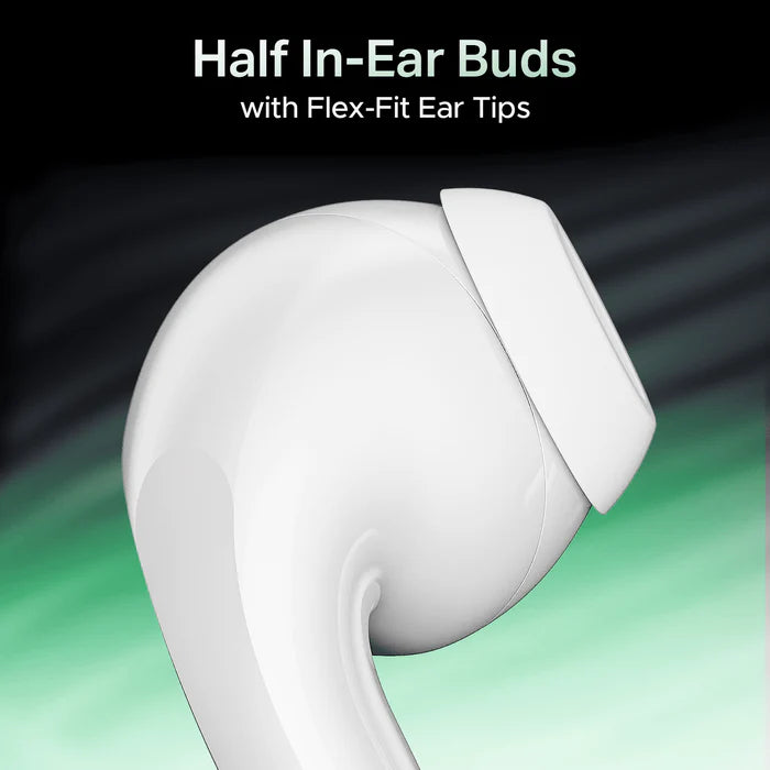 “Pair of boAt Airdopes 101v2 true wireless earbuds in ‘Smoke White’ finish, shown outside their compact charging case; sleek glossy surfaces with subtle off-white/ash tint, minimalist design.”