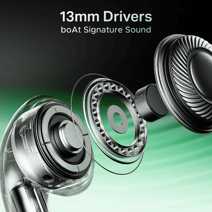 “Pair of boAt Airdopes 101v2 true wireless earbuds in ‘Smoke White’ finish, shown outside their compact charging case; sleek glossy surfaces with subtle off-white/ash tint, minimalist design.”