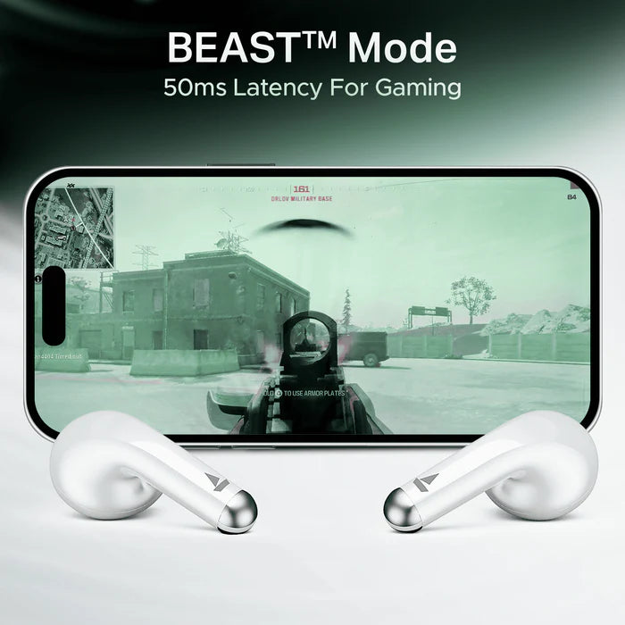 “Pair of boAt Airdopes 101v2 true wireless earbuds in ‘Smoke White’ finish, shown outside their compact charging case; sleek glossy surfaces with subtle off-white/ash tint, minimalist design.”