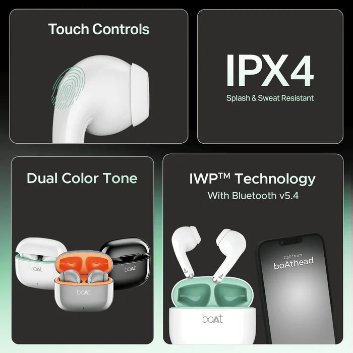 “Pair of boAt Airdopes 101v2 true wireless earbuds in ‘Smoke White’ finish, shown outside their compact charging case; sleek glossy surfaces with subtle off-white/ash tint, minimalist design.”