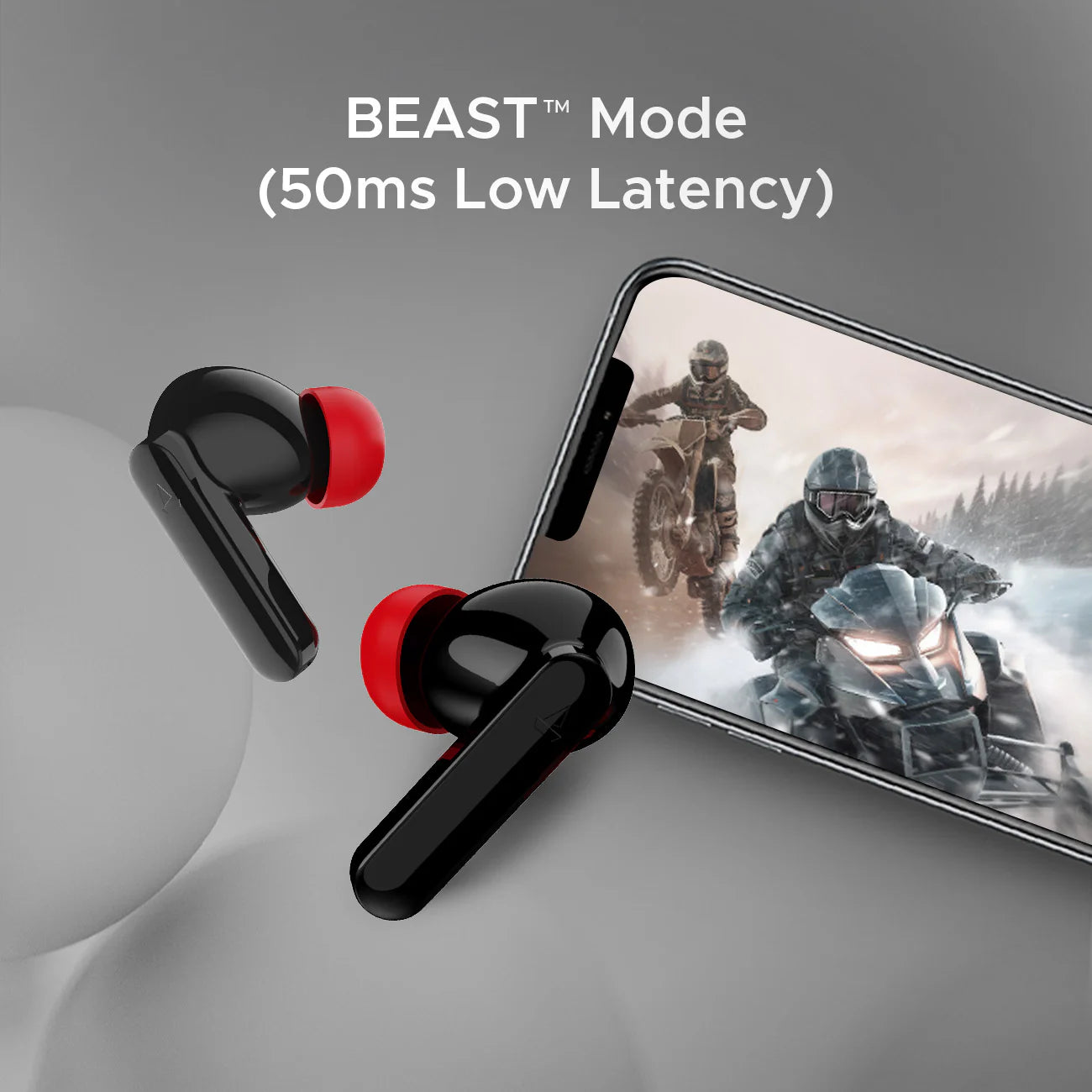 “boAt Airdopes Ultra Plus TWS earbuds in Midnight Black, one earbud inside a matching matte black charging case, the other lying beside it; sleek contours, soft gloss finish, minimalist design with subtle LED indicator, set on a clean light-grey surface.”
