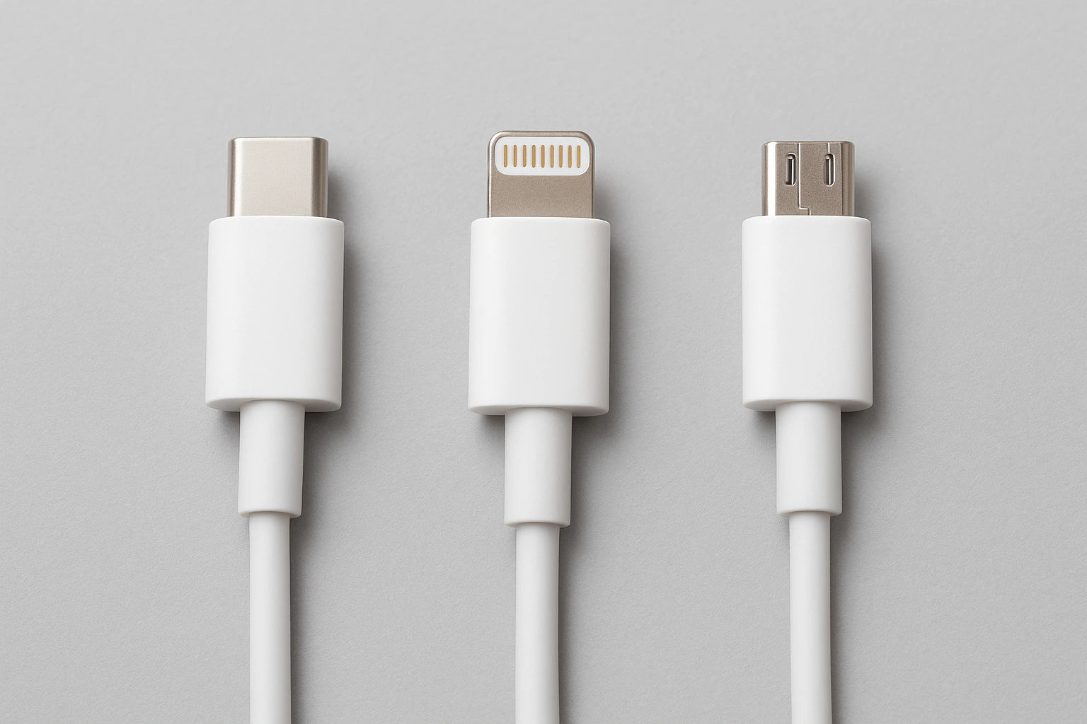 Type-C, Lightning, and V8 charger cables neatly arranged on a white background.