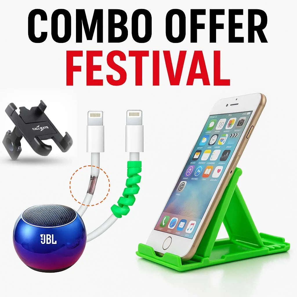 Alt text: “Combo Offer Festival featuring a JBL mini Bluetooth speaker, a mobile charging cable with green protector, and a smartphone on a green mobile stand.”
