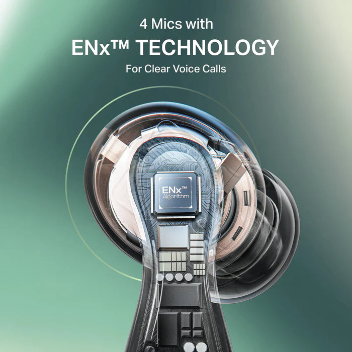 “boAt Airdopes 313 in Carbon Black — two true wireless earbuds resting beside their matching matte black charging case; sleek, angular design with subtle branding, set against a neutral light background.”