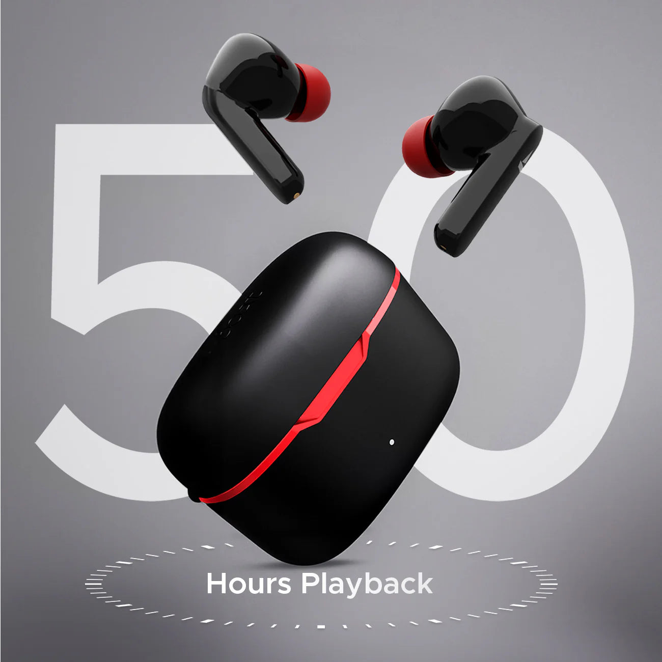 “boAt Airdopes Ultra Plus TWS earbuds in Midnight Black, one earbud inside a matching matte black charging case, the other lying beside it; sleek contours, soft gloss finish, minimalist design with subtle LED indicator, set on a clean light-grey surface.”