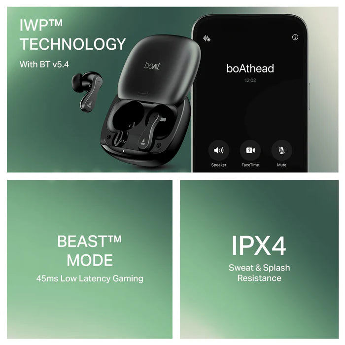 “boAt Airdopes 313 in Carbon Black — two true wireless earbuds resting beside their matching matte black charging case; sleek, angular design with subtle branding, set against a neutral light background.”