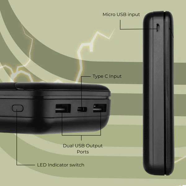 Zebronics 20000mAh Portable Power Bank with 22.5W Fast Charging, Dual USB Output, and Type-C Input