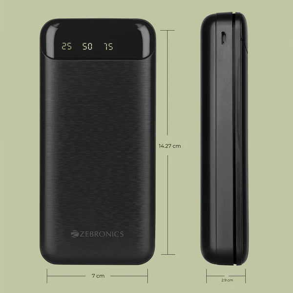 Zebronics 20000mAh Portable Power Bank with 22.5W Fast Charging, Dual USB Output, and Type-C Input
