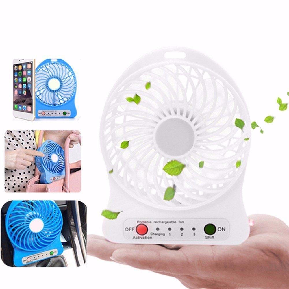 Portable Multi-Function Rechargeable Table Fan with LED Light, Powerful Airflow, Compact Design, and Multi-Color Body for Home and Office Use.