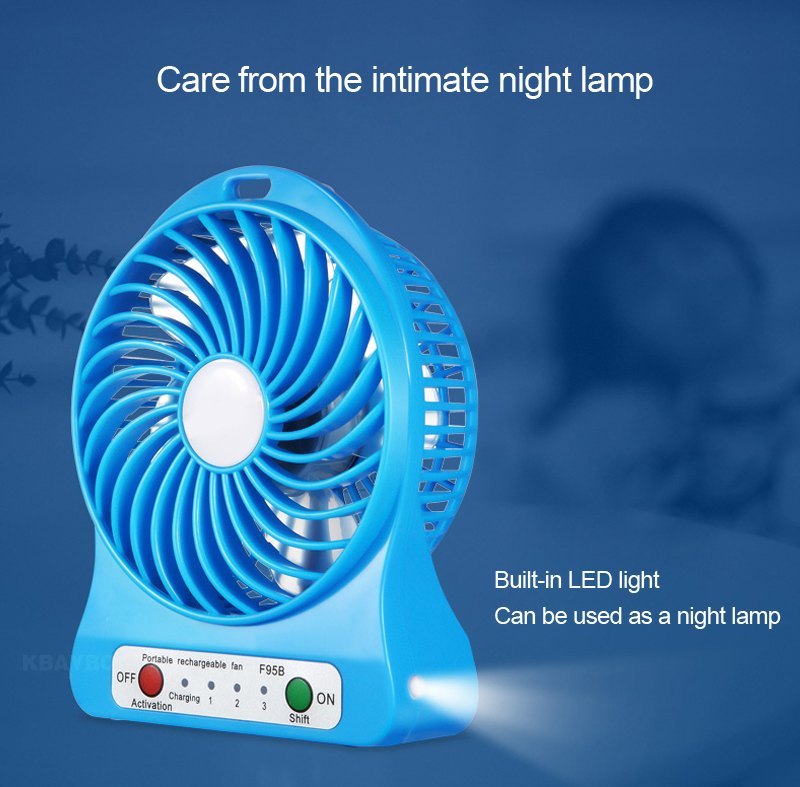 Portable Multi-Function Rechargeable Table Fan with LED Light, Powerful Airflow, Compact Design, and Multi-Color Body for Home and Office Use.