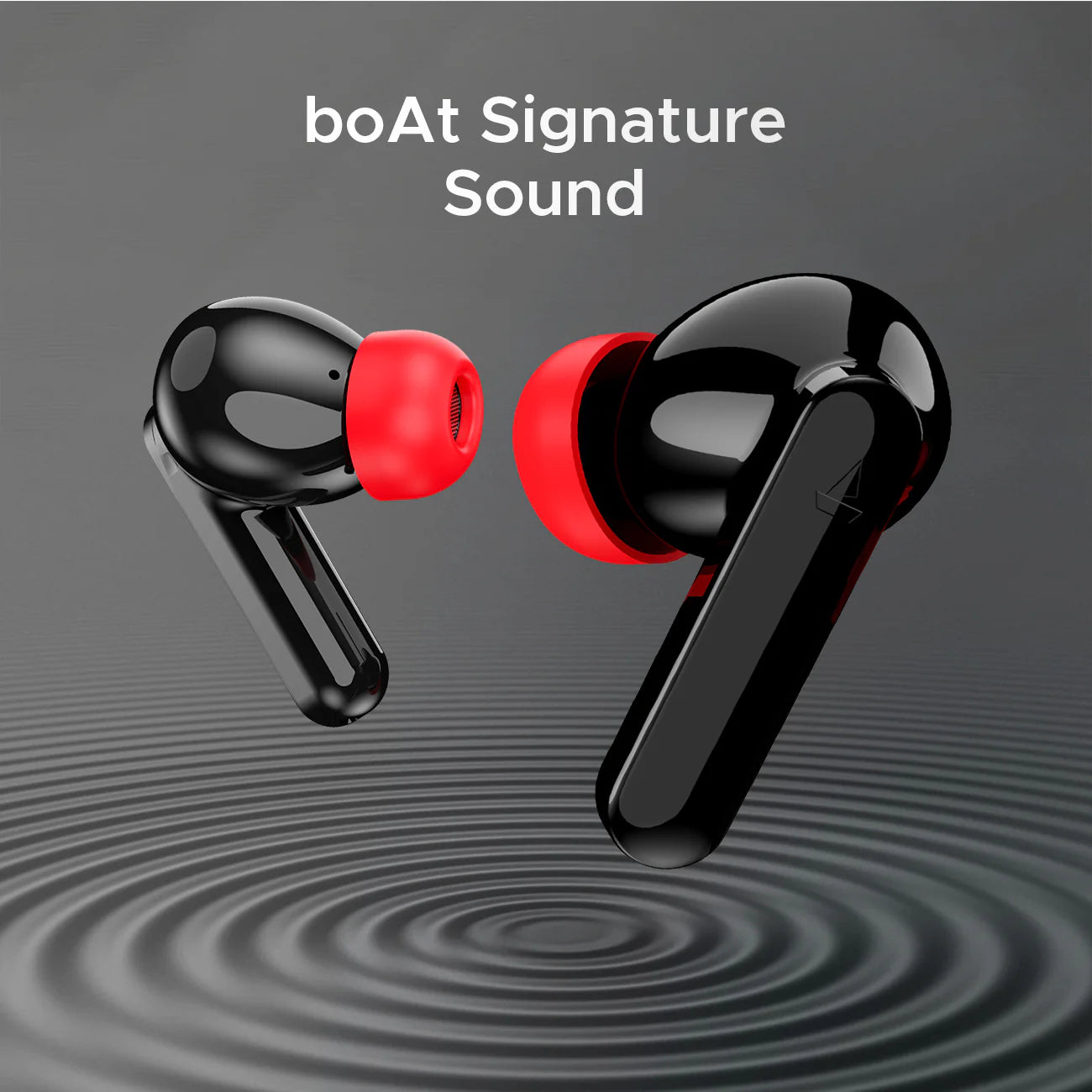 “boAt Airdopes Ultra Plus TWS earbuds in Midnight Black, one earbud inside a matching matte black charging case, the other lying beside it; sleek contours, soft gloss finish, minimalist design with subtle LED indicator, set on a clean light-grey surface.”