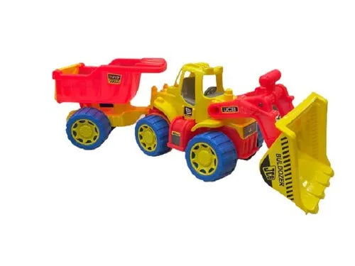 Heavy-duty dump truck and construction vehicle parked at site”