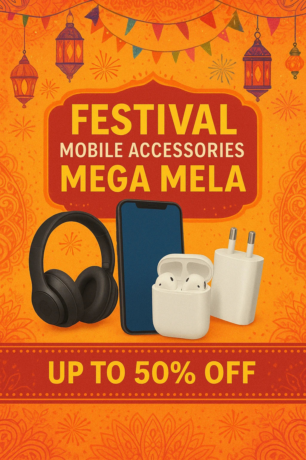 Festival Mobile Accessories Mega Mela banner with colorful lights and mobile accessories on display
