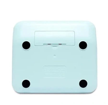 "Mechanical push button calculator with big round keys, 12-digit large LCD display, colorful candy blue design, dual power with auto sleep, suitable for office, school, and shop use."