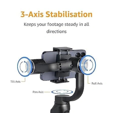 Handheld Gimbal Stabiliser with 3-Axis Feature and Tripod, Facial Tracking, Time Lapse, FPV, Up to 12 Hours Operational Time, Compatible with All Smart Phones