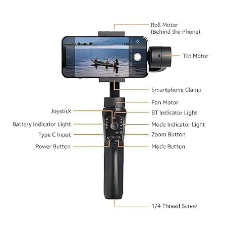 Handheld Gimbal Stabiliser with 3-Axis Feature and Tripod, Facial Tracking, Time Lapse, FPV, Up to 12 Hours Operational Time, Compatible with All Smart Phones