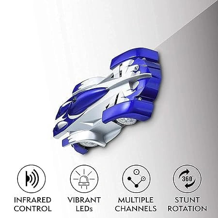 Multi-color Wall Climbing Remote Control Car with zero gravity racing, flashing lights, unbreakable metal face, and infrared remote control for kids.