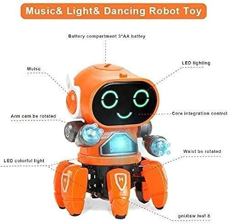 "Dancing robot toy with LED lights, 360° movement, musical interactive robot for boys, girls, toddlers, and kids."